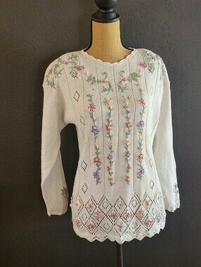 No Brand 80s Cotton Embroidered/Beaded Ivory Pullover Sweater Mediym